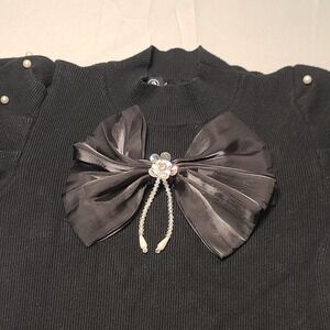 Albion Ribbed Knit Sweater Women Small Black Pearl Embellished Bow Mock Neck Top